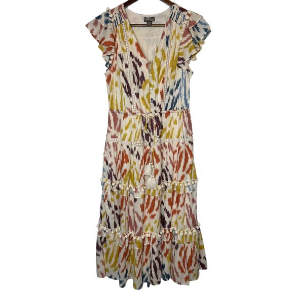J. Crew Point Sur Cotton Voile Tiered Midi Dress Pom Pom Flutter Sleeve, size 4 - Picture 1 of 6